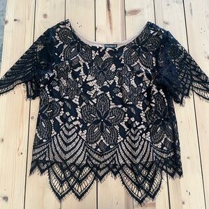 Express Black Floral Lace Short Sleeve Overlay Top